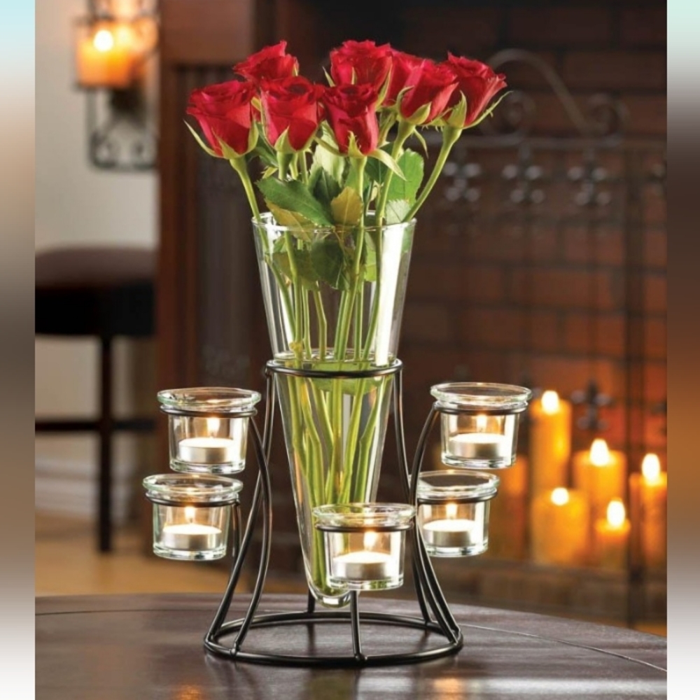 Rustic Iron Centerpiece With Clear Glass Vase And Tealight Votive‎ Candle Holder